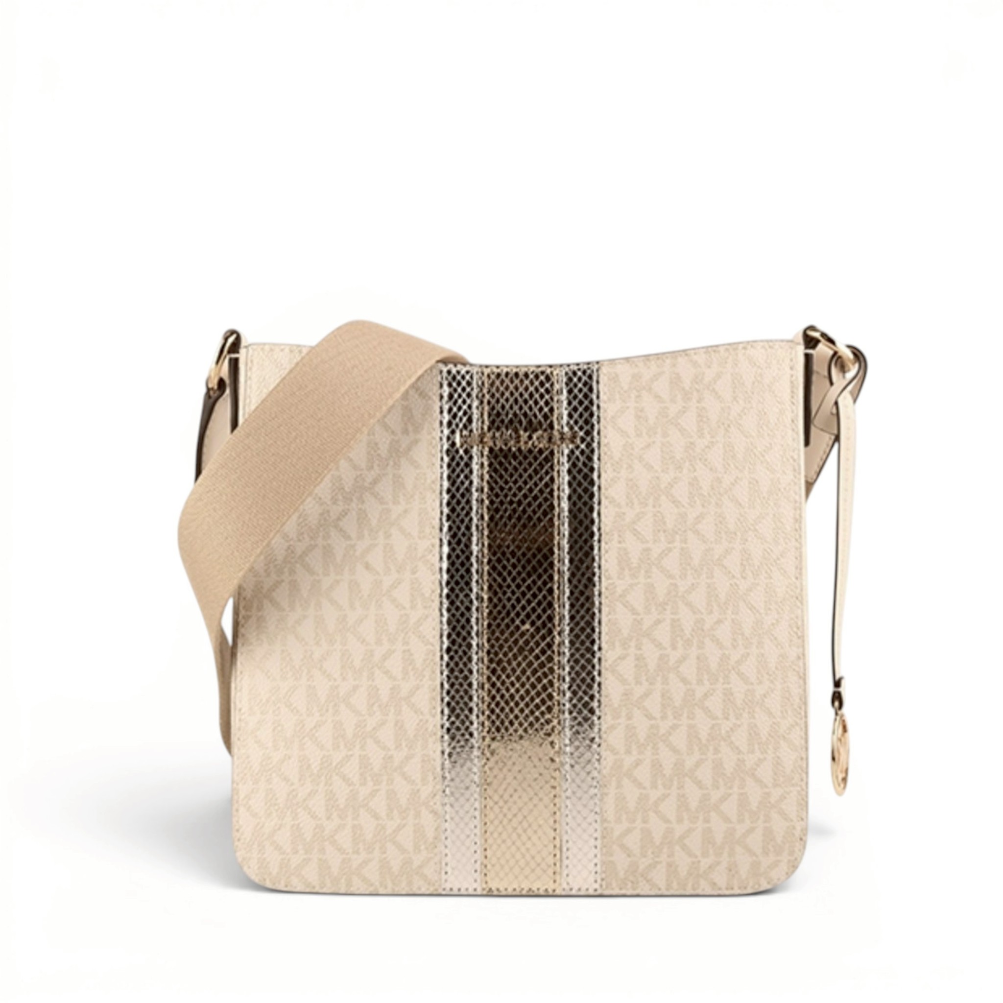 【MK】 PALE GOLD 滿版防刮銀色條槓拉鍊斜背包