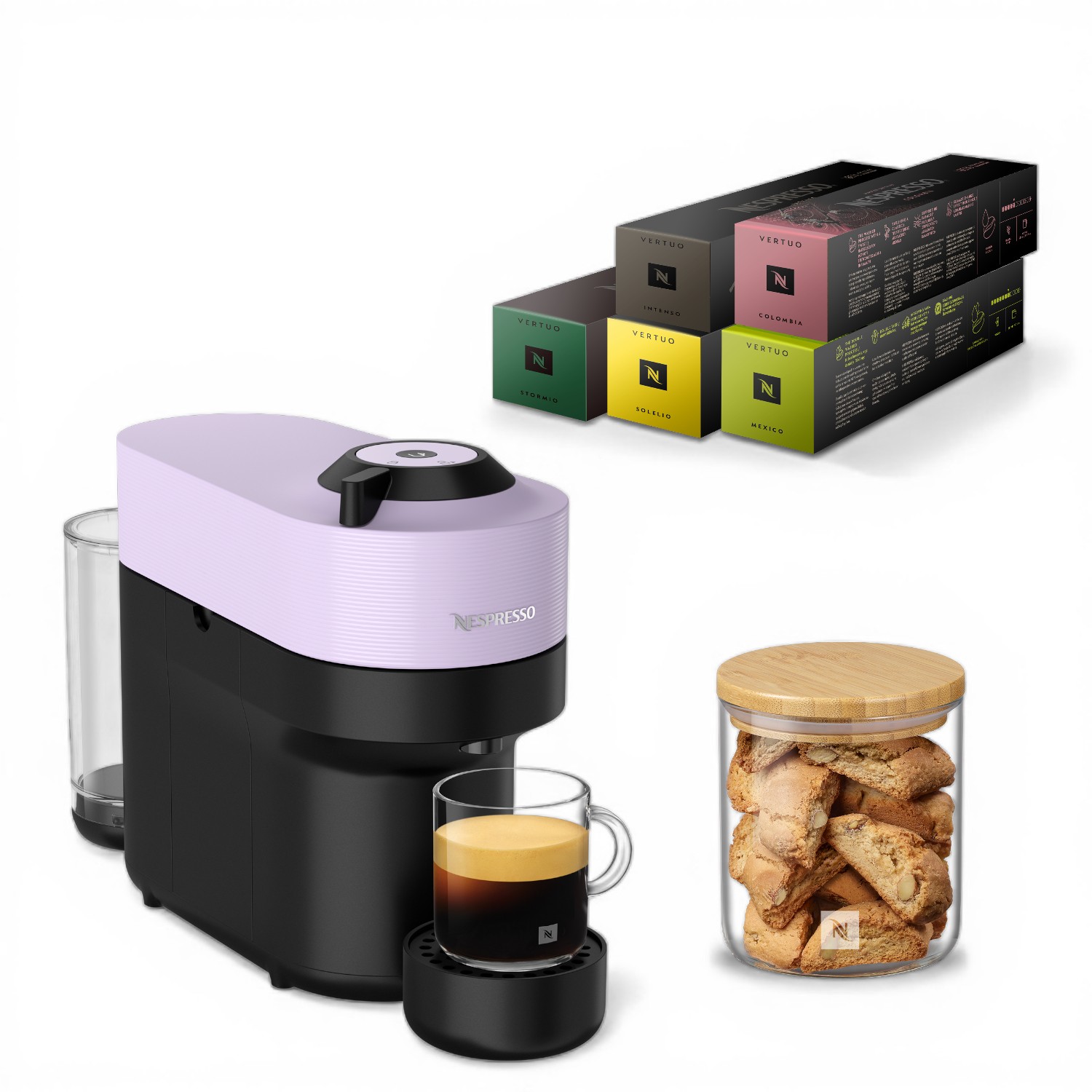 Vertuo POP 全自動咖啡機 丁香紫 + 晨間美式 50顆膠囊組