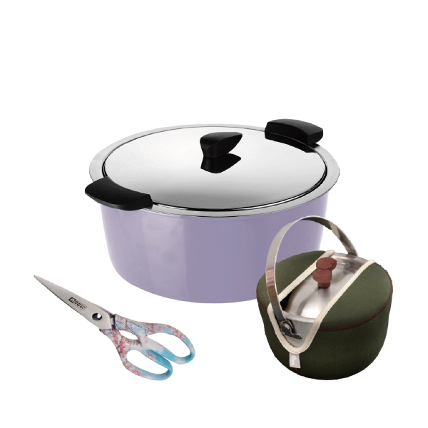KUHN RIKON瑞士HOTPAN休閒鍋4.5靜謐紫+叢林綠系列蝴蝶結防溢提鍋附提袋16cm +可拆式廚房剪