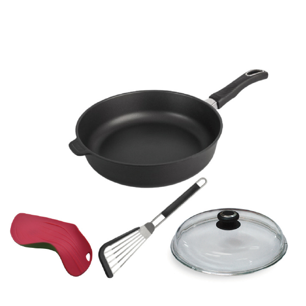 UCOM 丹麥黑魔法晶鑽單柄不沾鍋28cm(含玻璃蓋)+瑞士不鏽鋼斜煎鏟+花語暫置碟