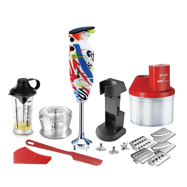 瑞士bamix寶迷轉動奇機豪華款Deluxe料理棒(塗鴉款)贈Bamix超級調理盒 SliceSy五刀組紅+GEFU新快易搖搖杯+紅色矽膠刮鏟小+紅色專用刮板