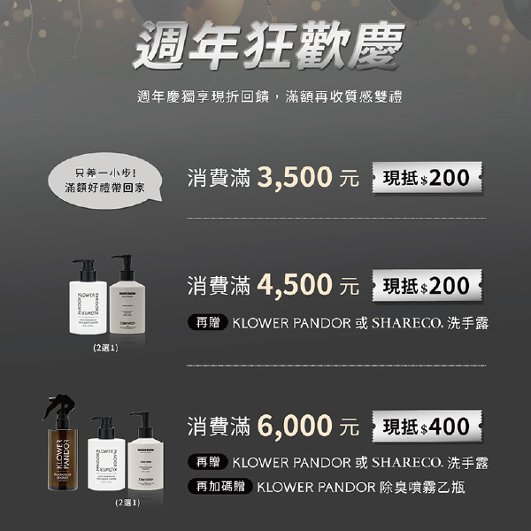 •消費滿3500現抵200元
•消費滿4500現抵200元，再送KP或SC洗手露任選1
•消費滿6000現抵400元，再送KP或SC洗手露任選1+KP除臭噴霧乙支