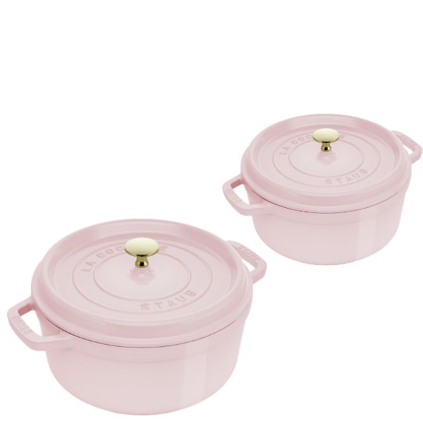 STAUB 粉紅奶酪鑄鐵飯鍋12cm+瑯鑄鐵鍋24cm