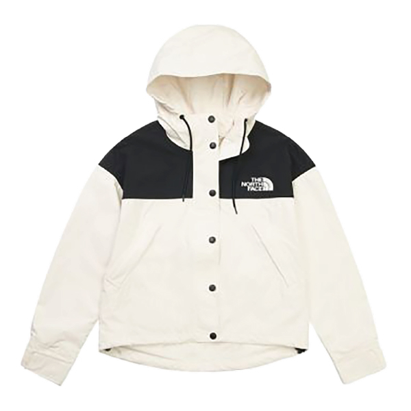 The North Face 女款米白色黑白拼接連帽防水衝鋒衣。