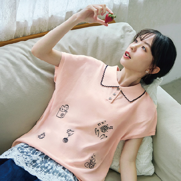 日系貓咪刺繡撞色滾邊翻領針織上衣