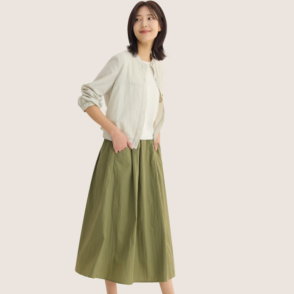 棉質鬆緊腰細褶中長裙