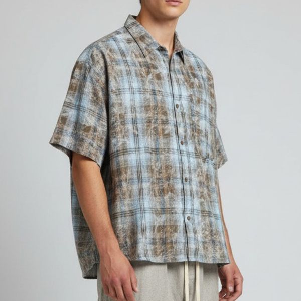 暈染格紋 印花 短袖襯衫