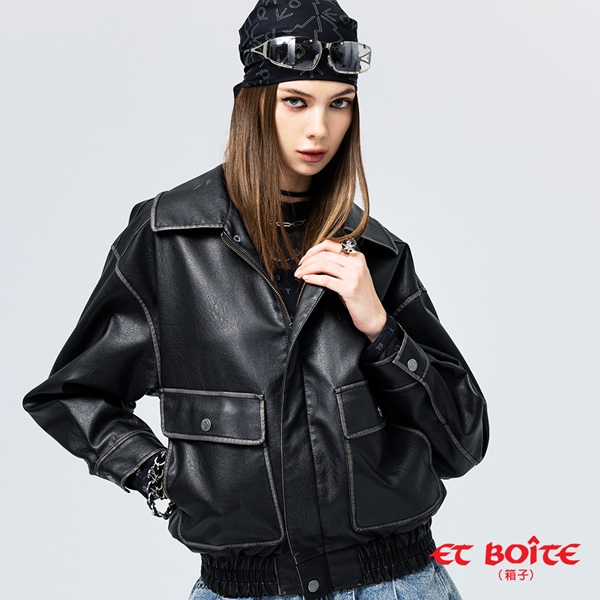 簡約擦色繡花落肩皮衣外套