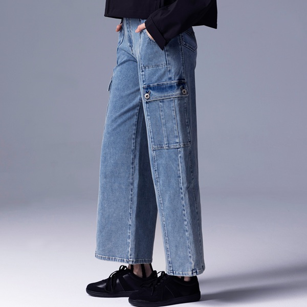 有彈高腰多口袋工裝丹寧寬直筒褲