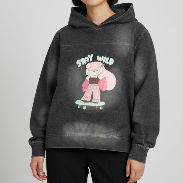 鹿人與泥鰍 剪接牛仔連帽長袖上衣